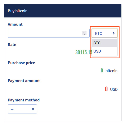 image: Input bitcoin and purchase information 1：Select the currency